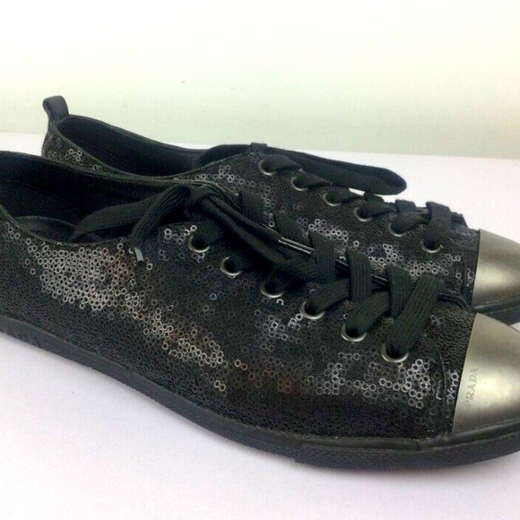 PRADA Black Sequin & Leather Metallic Cap Toe Fashion Sneakers Size 37 - Picture 1 of 6